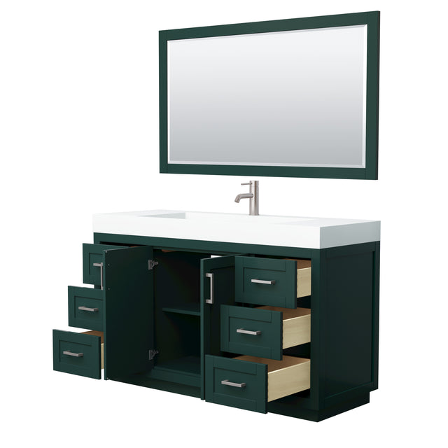 Miranda 60 Inch Single Bathroom Vanity in Green 4 Inch Thick Matte White Solid Surface Countertop Integrated Sink Brushed Nickel Trim 58 Inch Mirror