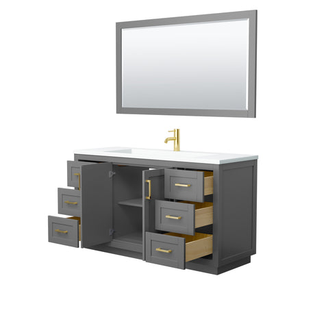Miranda 60 Inch Single Bathroom Vanity in Dark Gray 1.25 Inch Thick Matte White Solid Surface Countertop Integrated Sink Brushed Gold Trim 58 Inch Mirror