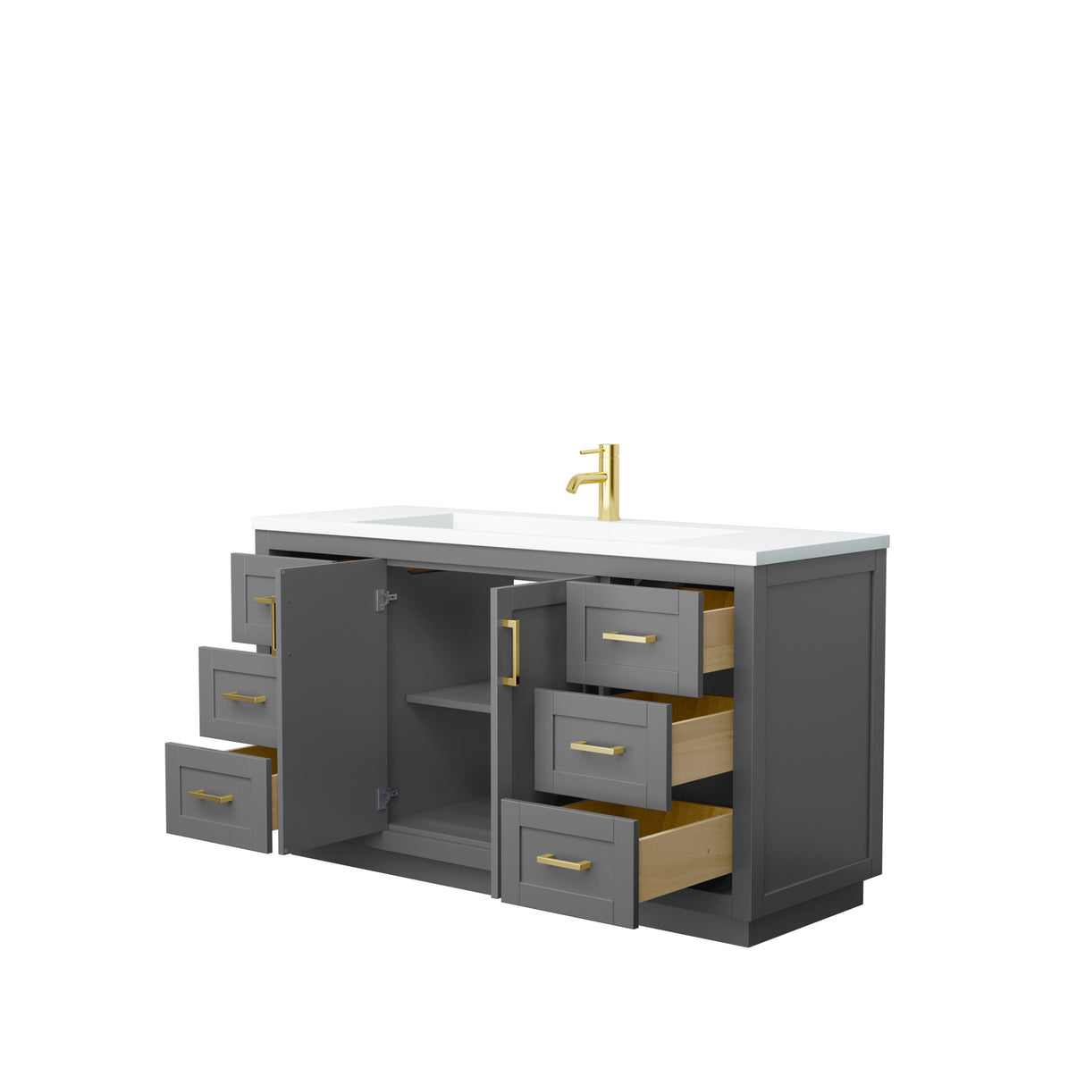 Miranda 60 Inch Single Bathroom Vanity in Dark Gray 1.25 Inch Thick Matte White Solid Surface Countertop Integrated Sink Brushed Gold Trim