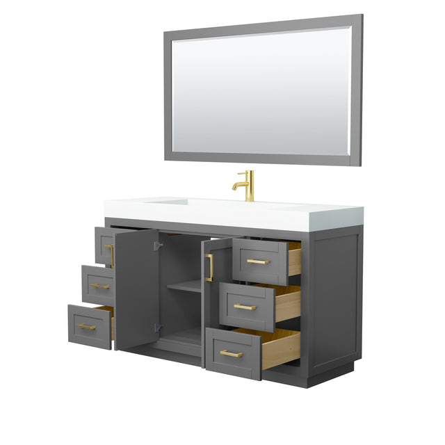 Miranda 60 Inch Single Bathroom Vanity in Dark Gray 4 Inch Thick Matte White Solid Surface Countertop Integrated Sink Brushed Gold Trim 58 Inch Mirror