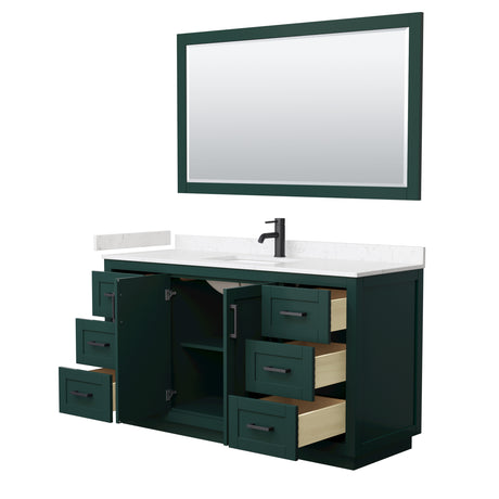 Miranda 60 Inch Single Bathroom Vanity in Green Carrara Cultured Marble Countertop Undermount Square Sink Matte Black Trim 58 Inch Mirror