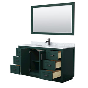 Miranda 60 Inch Single Bathroom Vanity in Green White Carrara Marble Countertop Undermount Square Sink Matte Black Trim 58 Inch Mirror