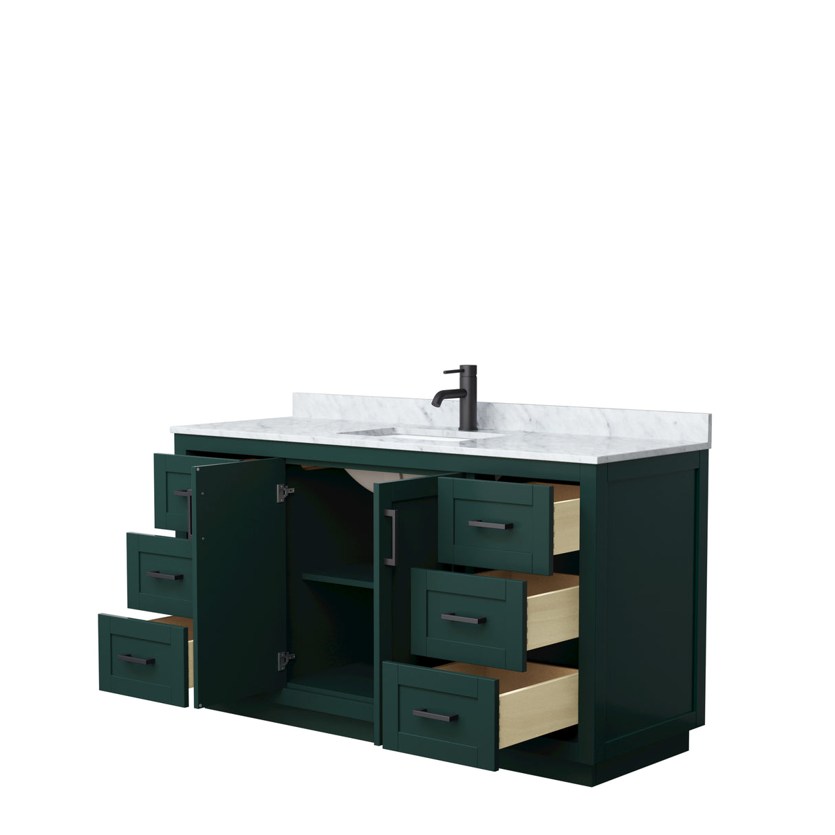 Miranda 60 Inch Single Bathroom Vanity in Green White Carrara Marble Countertop Undermount Square Sink Matte Black Trim