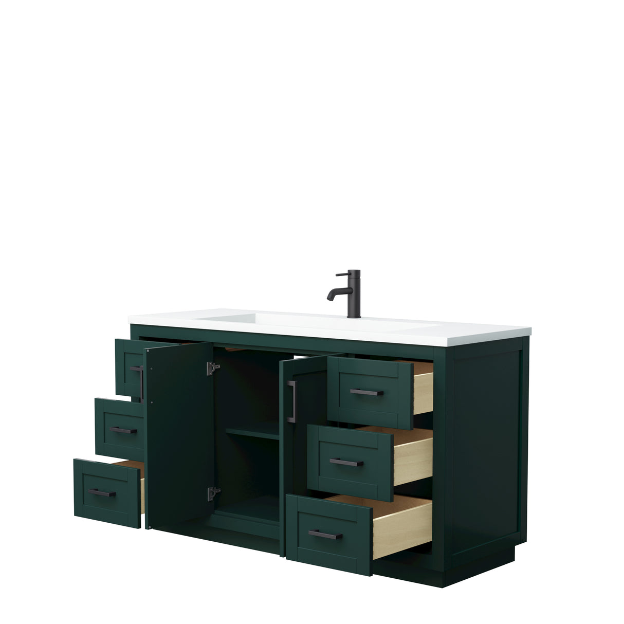 Miranda 60 Inch Single Bathroom Vanity in Green 1.25 Inch Thick Matte White Solid Surface Countertop Integrated Sink Matte Black Trim