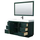 Miranda 60 Inch Single Bathroom Vanity in Green 4 Inch Thick Matte White Solid Surface Countertop Integrated Sink Matte Black Trim 58 Inch Mirror