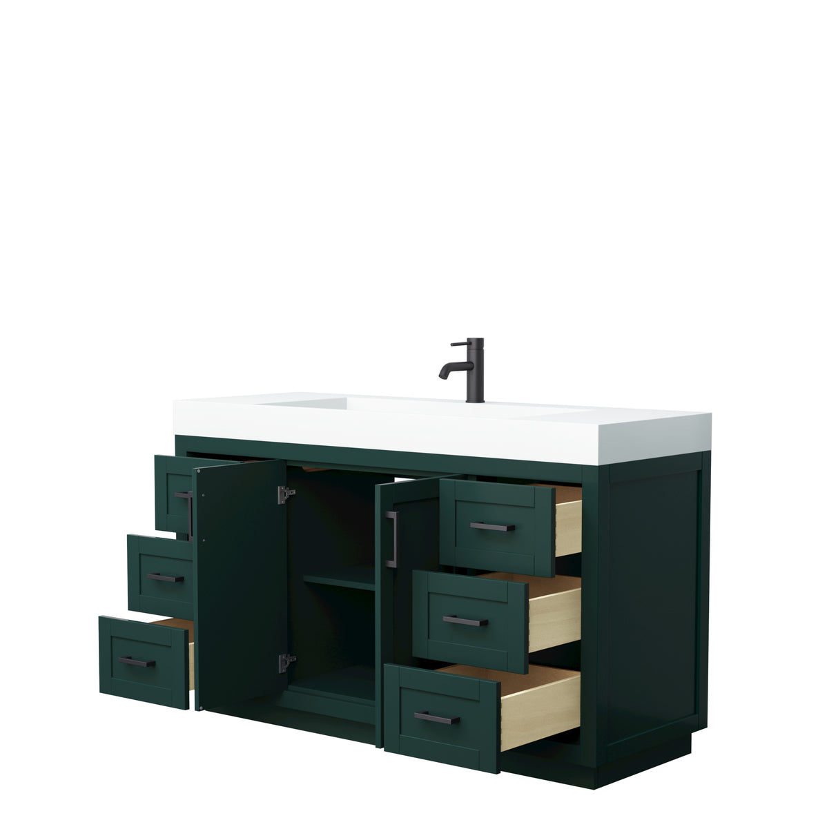 Miranda 60 Inch Single Bathroom Vanity in Green 4 Inch Thick Matte White Solid Surface Countertop Integrated Sink Matte Black Trim