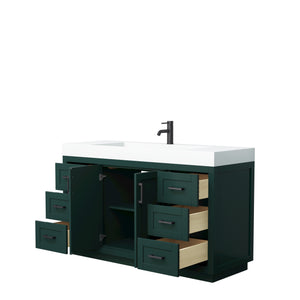 Miranda 60 Inch Single Bathroom Vanity in Green 4 Inch Thick Matte White Solid Surface Countertop Integrated Sink Matte Black Trim