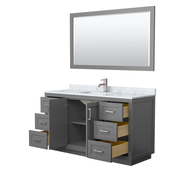 Miranda 60 Inch Single Bathroom Vanity in Dark Gray White Carrara Marble Countertop Undermount Square Sink Brushed Nickel Trim 58 Inch Mirror