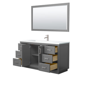 Miranda 60 Inch Single Bathroom Vanity in Dark Gray 1.25 Inch Thick Matte White Solid Surface Countertop Integrated Sink Brushed Nickel Trim 58 Inch Mirror