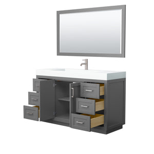 Miranda 60 Inch Single Bathroom Vanity in Dark Gray 4 Inch Thick Matte White Solid Surface Countertop Integrated Sink Brushed Nickel Trim 58 Inch Mirror