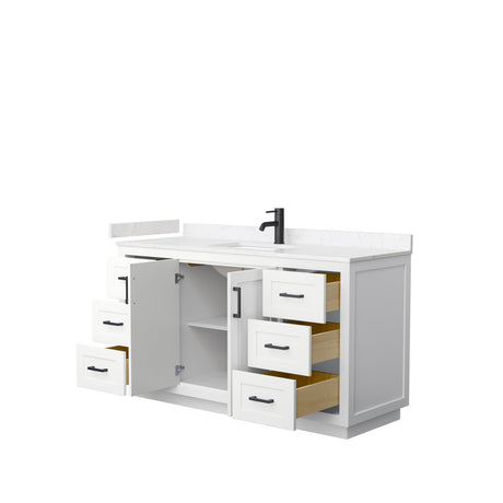 Miranda 60 Inch Single Bathroom Vanity in White Carrara Cultured Marble Countertop Undermount Square Sink Matte Black Trim