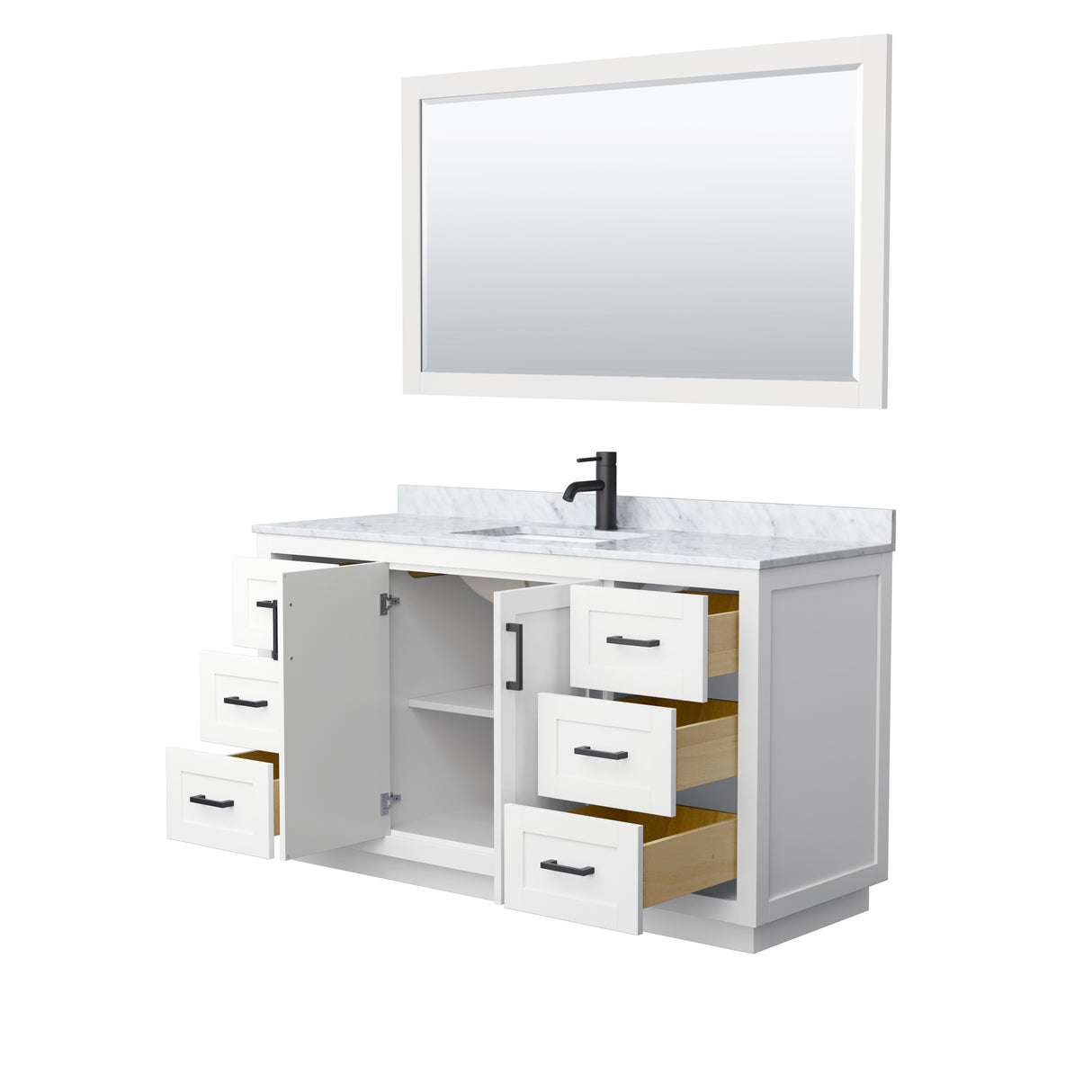 Miranda 60 Inch Single Bathroom Vanity in White White Carrara Marble Countertop Undermount Square Sink Matte Black Trim 58 Inch Mirror