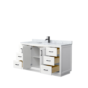 Miranda 60 Inch Single Bathroom Vanity in White White Carrara Marble Countertop Undermount Square Sink Matte Black Trim