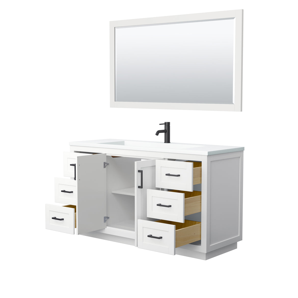 Miranda 60 Inch Single Bathroom Vanity in White 1.25 Inch Thick Matte White Solid Surface Countertop Integrated Sink Matte Black Trim 58 Inch Mirror