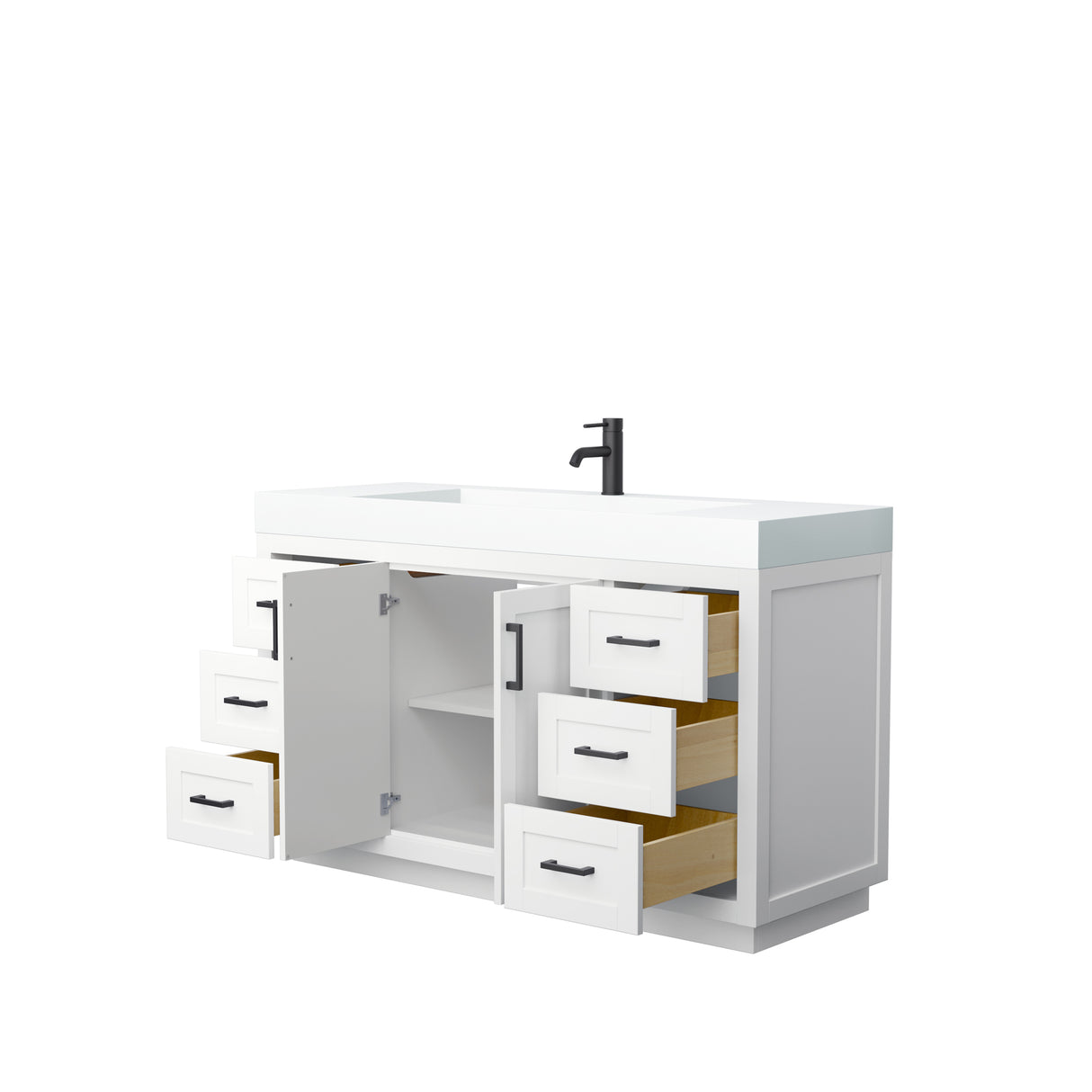 Miranda 60 Inch Single Bathroom Vanity in White 4 Inch Thick Matte White Solid Surface Countertop Integrated Sink Matte Black Trim