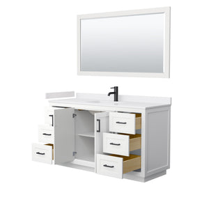 Miranda 60 Inch Single Bathroom Vanity in White White Cultured Marble Countertop Undermount Square Sink Matte Black Trim 58 Inch Mirror