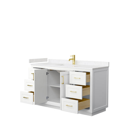 Miranda 60 Inch Single Bathroom Vanity in White Carrara Cultured Marble Countertop Undermount Square Sink Brushed Gold Trim