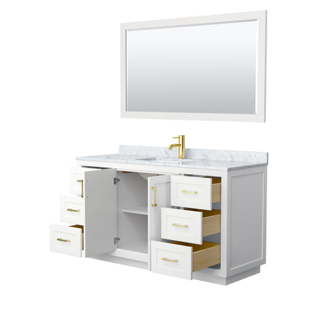 Miranda 60 Inch Single Bathroom Vanity in White White Carrara Marble Countertop Undermount Square Sink Brushed Gold Trim 58 Inch Mirror
