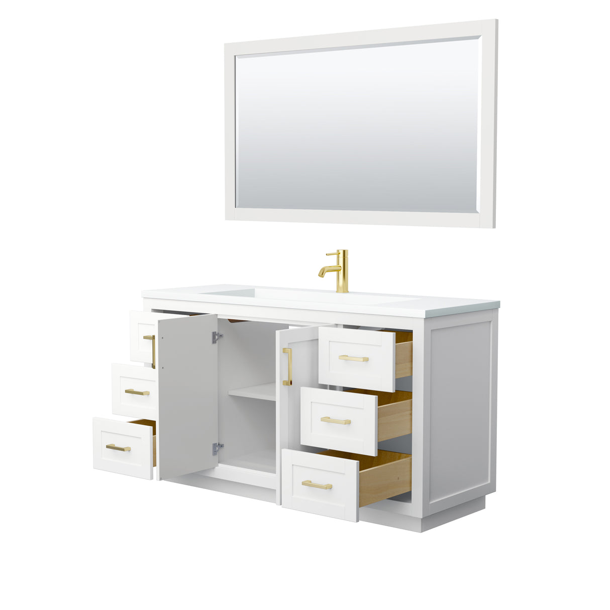 Miranda 60 Inch Single Bathroom Vanity in White 1.25 Inch Thick Matte White Solid Surface Countertop Integrated Sink Brushed Gold Trim 58 Inch Mirror