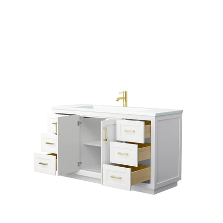 Miranda 60 Inch Single Bathroom Vanity in White 1.25 Inch Thick Matte White Solid Surface Countertop Integrated Sink Brushed Gold Trim