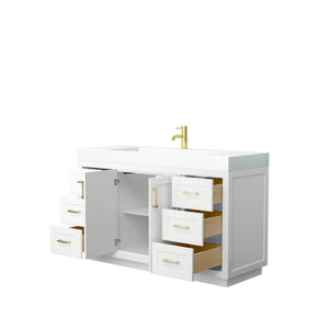 Miranda 60 Inch Single Bathroom Vanity in White 4 Inch Thick Matte White Solid Surface Countertop Integrated Sink Brushed Gold Trim