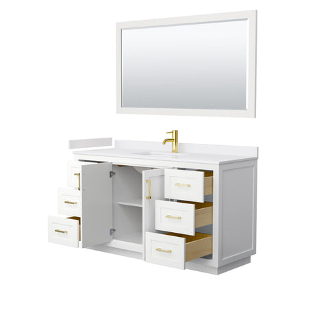 Miranda 60 Inch Single Bathroom Vanity in White White Cultured Marble Countertop Undermount Square Sink Brushed Gold Trim 58 Inch Mirror