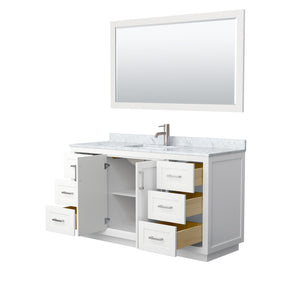 Miranda 60 Inch Single Bathroom Vanity in White White Carrara Marble Countertop Undermount Square Sink Brushed Nickel Trim 58 Inch Mirror