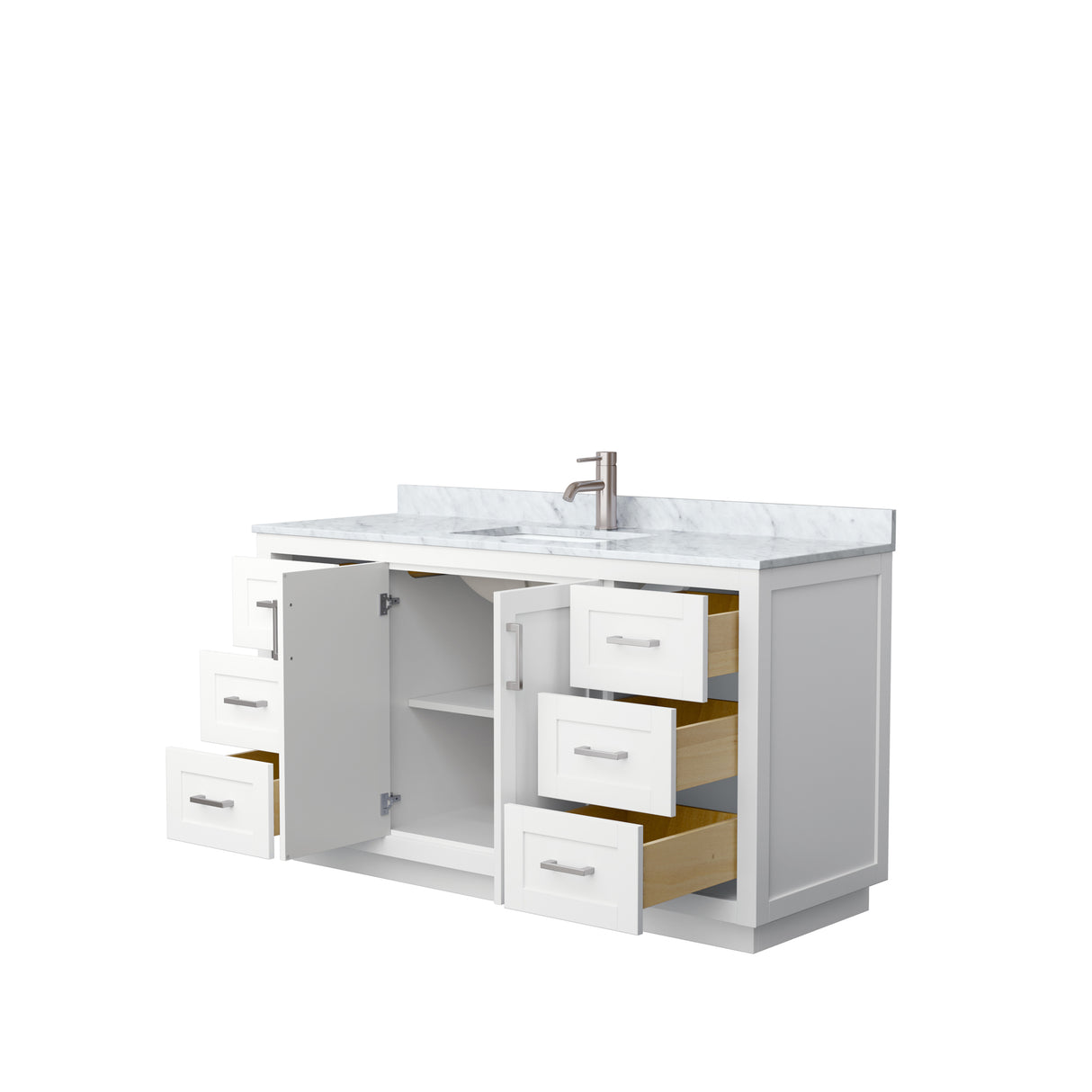Miranda 60 Inch Single Bathroom Vanity in White White Carrara Marble Countertop Undermount Square Sink Brushed Nickel Trim