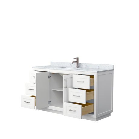 Miranda 60 Inch Single Bathroom Vanity in White White Carrara Marble Countertop Undermount Square Sink Brushed Nickel Trim