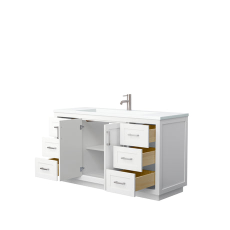 Miranda 60 Inch Single Bathroom Vanity in White 1.25 Inch Thick Matte White Solid Surface Countertop Integrated Sink Brushed Nickel Trim