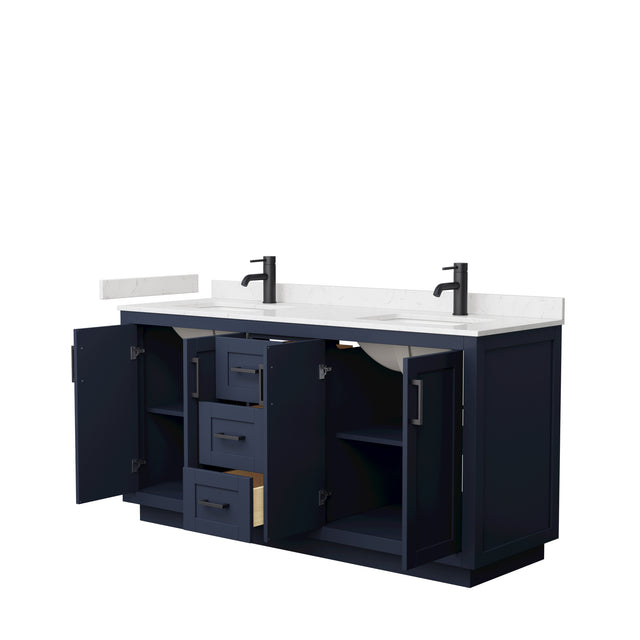 Miranda 66 Inch Double Bathroom Vanity in Dark Blue Carrara Cultured Marble Countertop Undermount Square Sinks Matte Black Trim