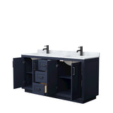 Miranda 66 Inch Double Bathroom Vanity in Dark Blue White Carrara Marble Countertop Undermount Square Sinks Matte Black Trim