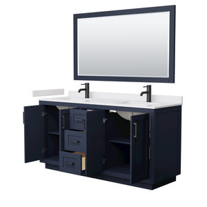Miranda 66 Inch Double Bathroom Vanity in Dark Blue White Cultured Marble Countertop Undermount Square Sinks Matte Black Trim 58 Inch Mirror