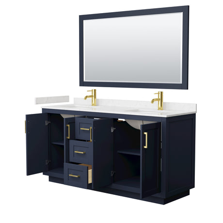 Miranda 66 Inch Double Bathroom Vanity in Dark Blue Carrara Cultured Marble Countertop Undermount Square Sinks Brushed Gold Trim 58 Inch Mirror