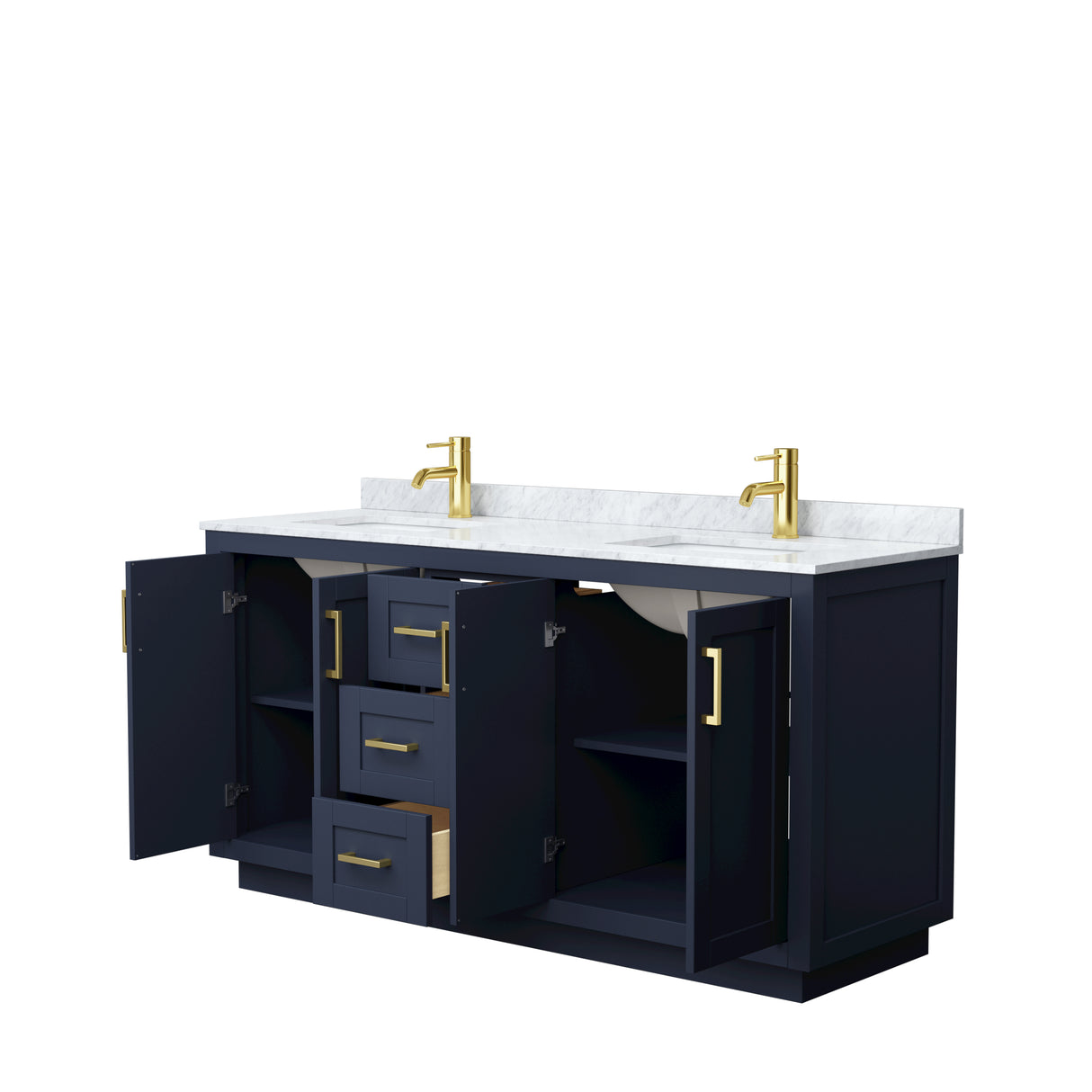 Miranda 66 Inch Double Bathroom Vanity in Dark Blue White Carrara Marble Countertop Undermount Square Sinks Brushed Gold Trim