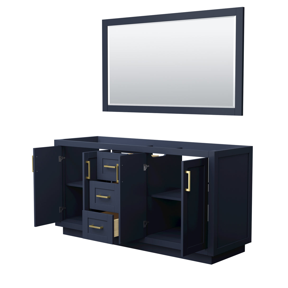 Miranda 66 Inch Double Bathroom Vanity in Dark Blue No Countertop No Sink Brushed Gold Trim 58 Inch Mirror