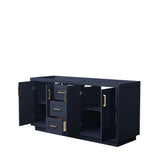 Miranda 66 Inch Double Bathroom Vanity in Dark Blue No Countertop No Sink Brushed Gold Trim