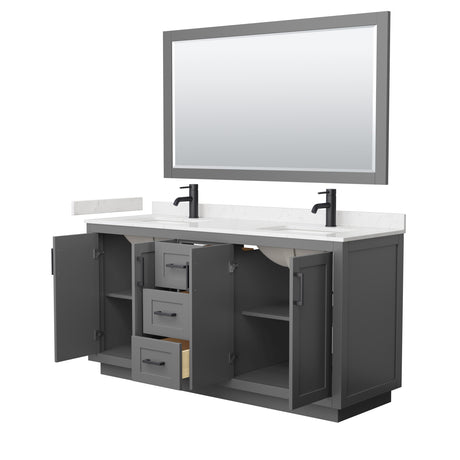 Miranda 66 Inch Double Bathroom Vanity in Dark Gray Carrara Cultured Marble Countertop Undermount Square Sinks Matte Black Trim 58 Inch Mirror