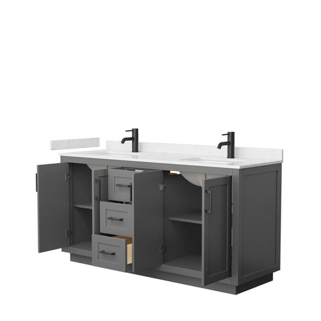 Miranda 66 Inch Double Bathroom Vanity in Dark Gray Carrara Cultured Marble Countertop Undermount Square Sinks Matte Black Trim