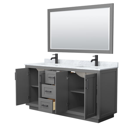 Miranda 66 Inch Double Bathroom Vanity in Dark Gray White Carrara Marble Countertop Undermount Square Sinks Matte Black Trim 58 Inch Mirror