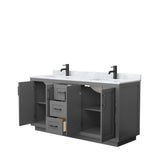 Miranda 66 Inch Double Bathroom Vanity in Dark Gray White Carrara Marble Countertop Undermount Square Sinks Matte Black Trim