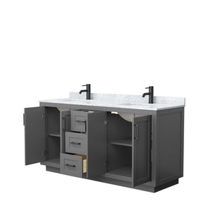 Miranda 66 Inch Double Bathroom Vanity in Dark Gray White Carrara Marble Countertop Undermount Square Sinks Matte Black Trim