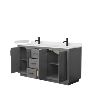 Miranda 66 Inch Double Bathroom Vanity in Dark Gray White Cultured Marble Countertop Undermount Square Sinks Matte Black Trim