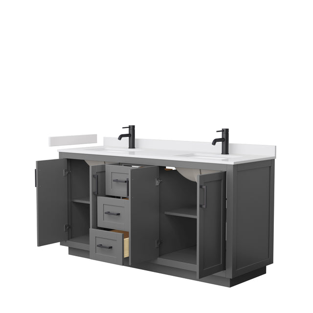 Miranda 66 Inch Double Bathroom Vanity in Dark Gray White Cultured Marble Countertop Undermount Square Sinks Matte Black Trim