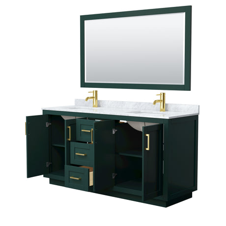 Miranda 66 Inch Double Bathroom Vanity in Green White Carrara Marble Countertop Undermount Square Sinks Brushed Gold Trim 58 Inch Mirror