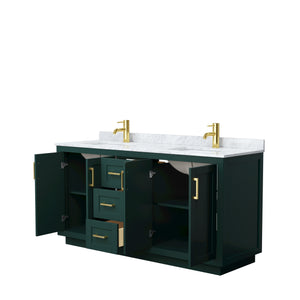 Miranda 66 Inch Double Bathroom Vanity in Green White Carrara Marble Countertop Undermount Square Sinks Brushed Gold Trim