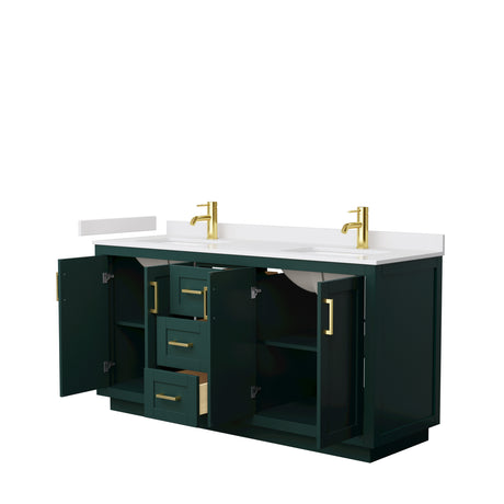 Miranda 66 Inch Double Bathroom Vanity in Green White Cultured Marble Countertop Undermount Square Sinks Brushed Gold Trim
