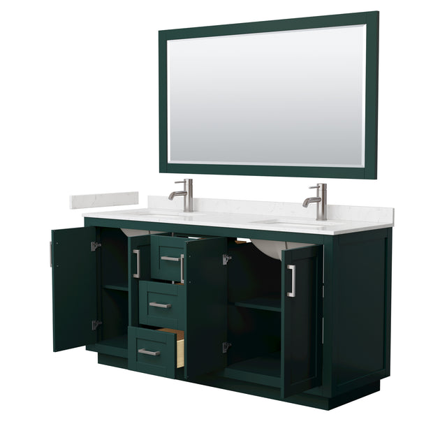 Miranda 66 Inch Double Bathroom Vanity in Green Carrara Cultured Marble Countertop Undermount Square Sinks Brushed Nickel Trim 58 Inch Mirror