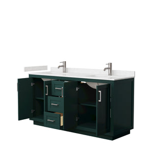 Miranda 66 Inch Double Bathroom Vanity in Green Carrara Cultured Marble Countertop Undermount Square Sinks Brushed Nickel Trim