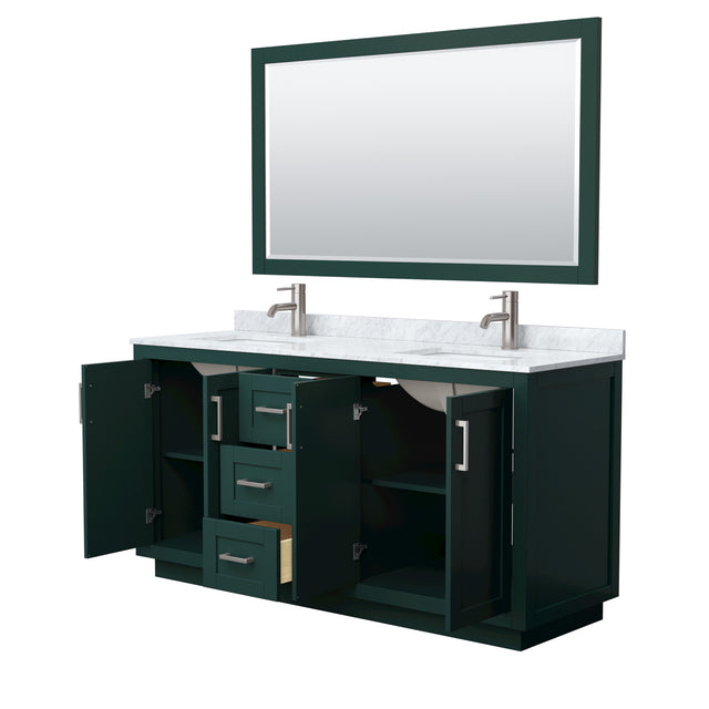 Miranda 66 Inch Double Bathroom Vanity in Green White Carrara Marble Countertop Undermount Square Sinks Brushed Nickel Trim 58 Inch Mirror